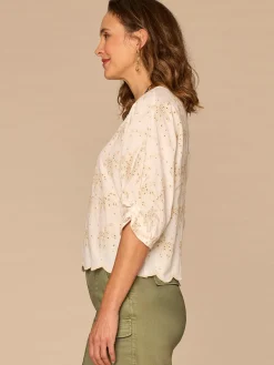 Three Quarter Sleeve Boat Neck Palm Tree Embroidered Petite Woven Top