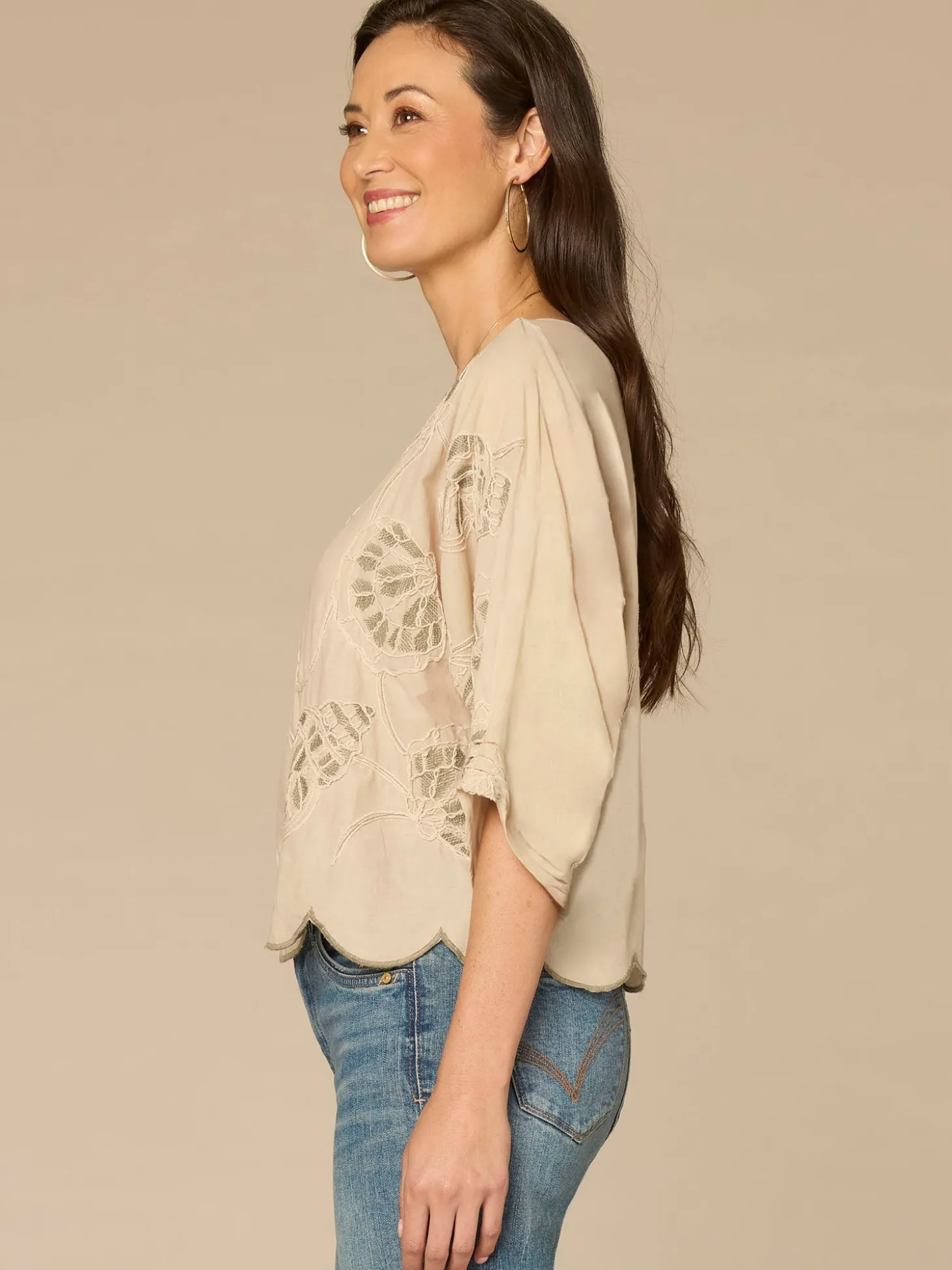 Three Quarter Sleeve Boat Neck Soutache Embroidery Petite Woven Top