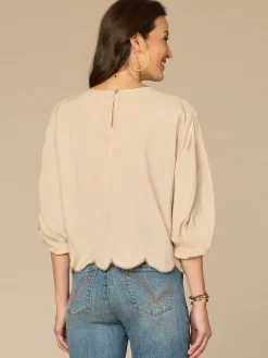 Three Quarter Sleeve Boat Neck Soutache Embroidery Petite Woven Top