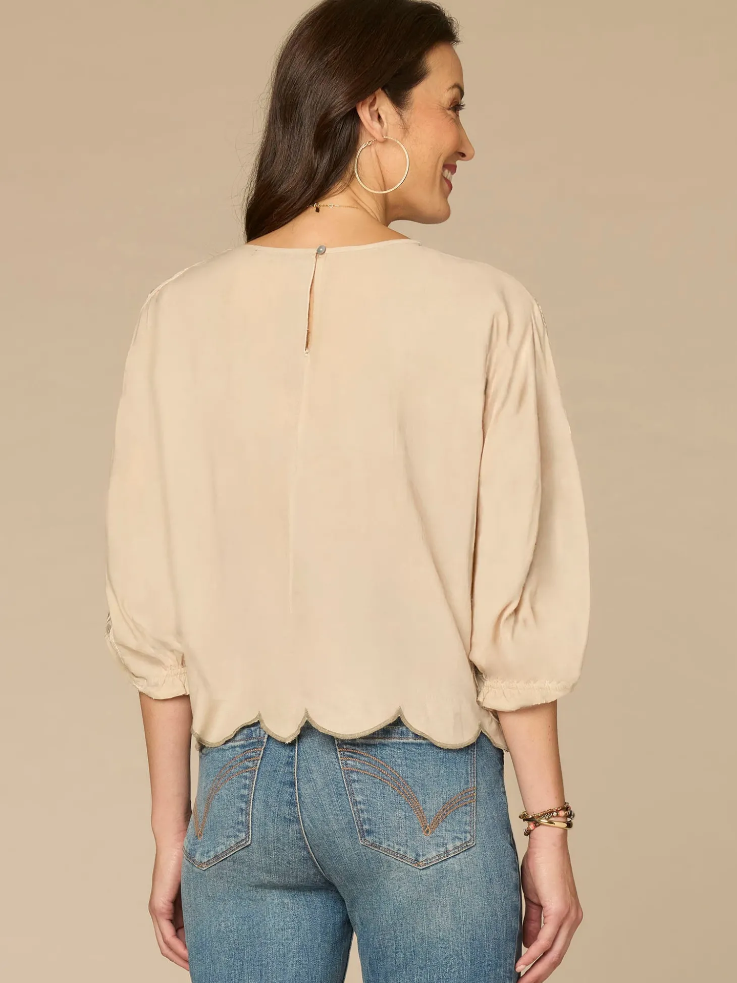 Three Quarter Sleeve Boat Neck Soutache Embroidery Petite Woven Top