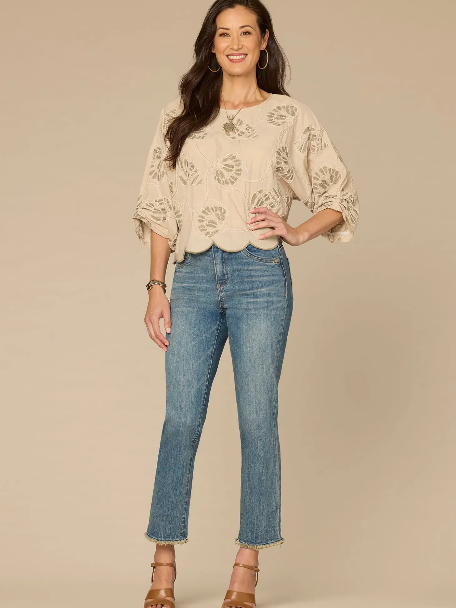 Three Quarter Sleeve Boat Neck Soutache Embroidery Petite Woven Top