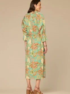 Three Quarter Sleeve Grosgrain Ruched Neck Printed Woven Dress