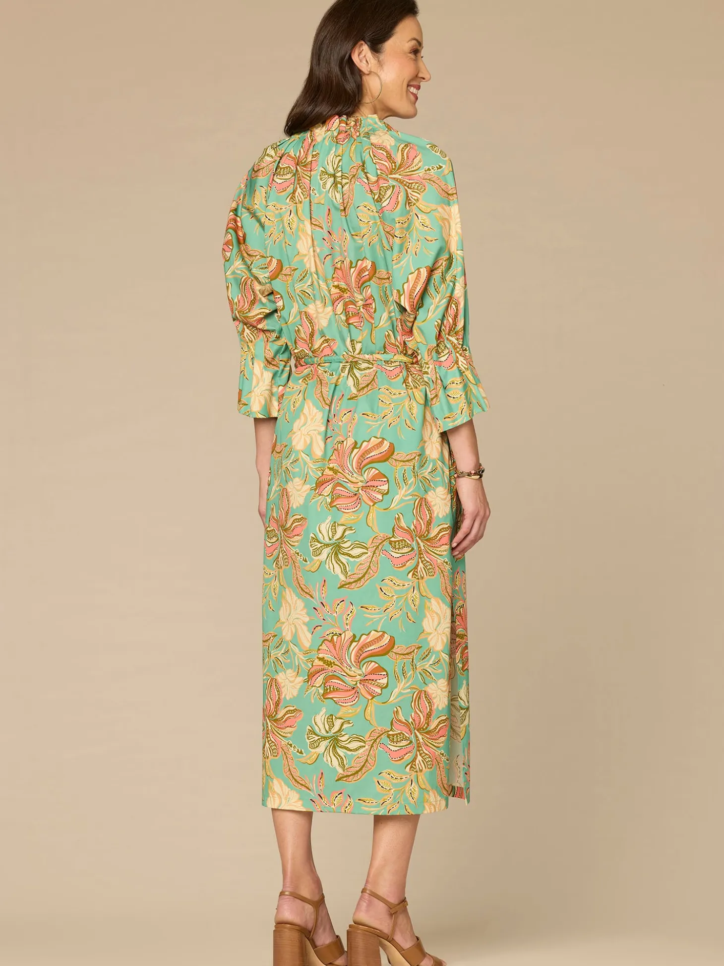 Three Quarter Sleeve Grosgrain Ruched Neck Printed Woven Dress