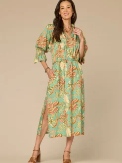 Three Quarter Sleeve Grosgrain Ruched Neck Printed Woven Dress