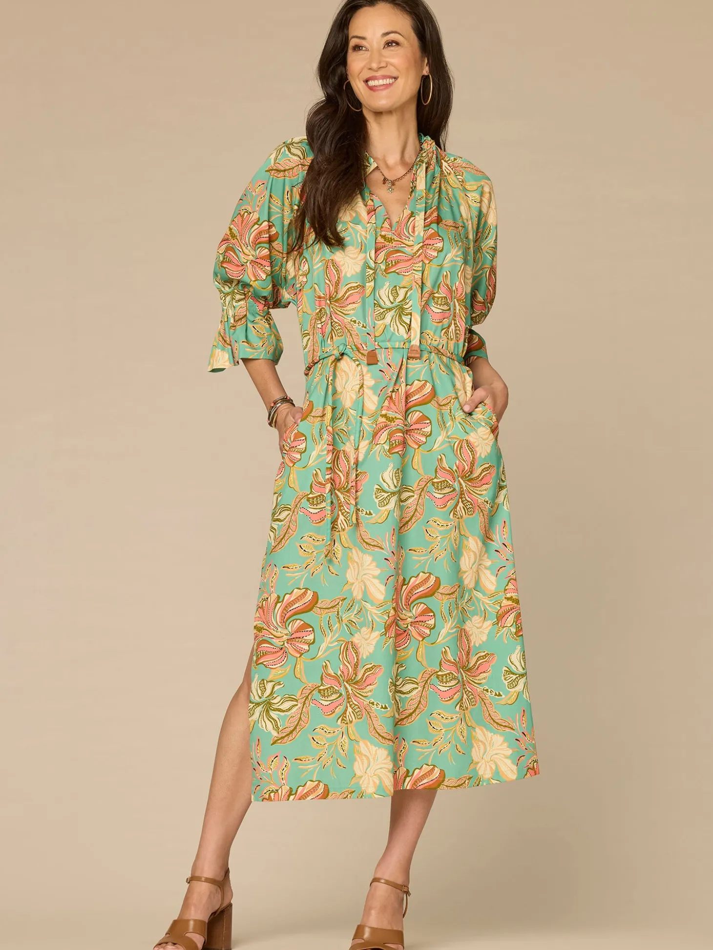 Three Quarter Sleeve Grosgrain Ruched Neck Printed Woven Dress