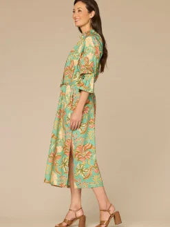 Three Quarter Sleeve Grosgrain Ruched Neck Printed Woven Dress