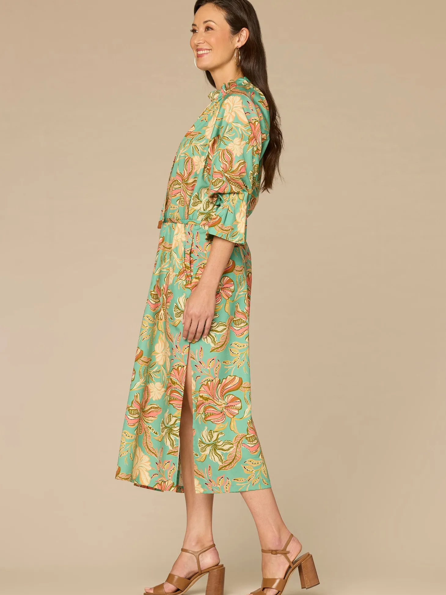 Three Quarter Sleeve Grosgrain Ruched Neck Printed Woven Dress