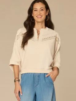 Three Quarter Sleeve Mandarin Collar Embroidered Petite Knit Top