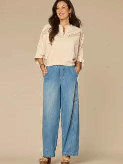 Three Quarter Sleeve Mandarin Collar Embroidered Petite Knit Top