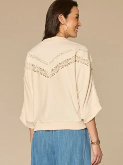 Three Quarter Sleeve Mandarin Collar Embroidered Petite Knit Top