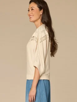 Three Quarter Sleeve Mandarin Collar Embroidered Petite Knit Top