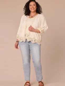 Three Quarter Sleeve Open Front Crochet Cropped Plus Size Woven Jacket