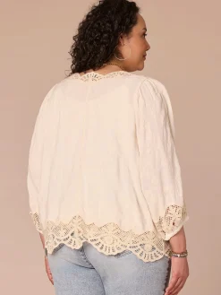 Three Quarter Sleeve Open Front Crochet Cropped Plus Size Woven Jacket