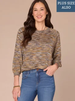 Three Quarter Sleeve Round Neck Metallic Space Dye Plus Size Sweater