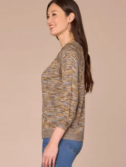 Three Quarter Sleeve Round Neck Metallic Space Dye Plus Size Sweater