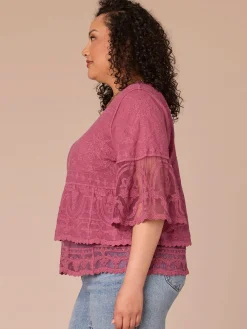Three Quarter Sleeve Scoop Neck Peplum Plus Size Woven Top