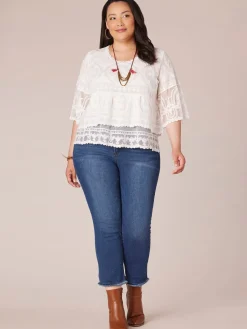 Three Quarter Sleeve Scoop Neck Peplum Plus Size Woven Top