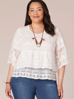 Three Quarter Sleeve Scoop Neck Peplum Plus Size Woven Top