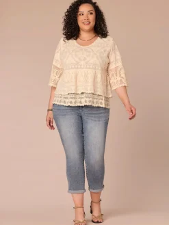 Three Quarter Sleeve Scoop Neck Peplum Plus Size Woven Top