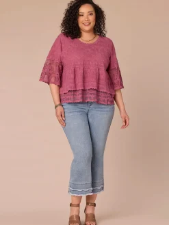 Three Quarter Sleeve Scoop Neck Peplum Plus Size Woven Top