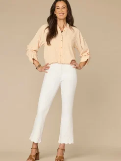 Tucked Sleeve Button Down Bubble Hem Splice Stripe Petite Woven Shirt