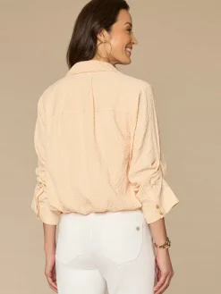 Tucked Sleeve Button Down Bubble Hem Splice Stripe Petite Woven Shirt