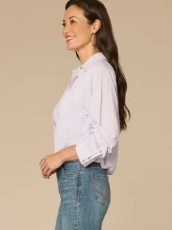 Tucked Sleeve Button Down Bubble Hem Splice Stripe Petite Woven Shirt