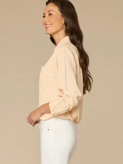 Tucked Sleeve Button Down Bubble Hem Splice Stripe Petite Woven Shirt