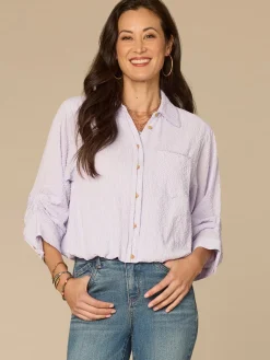 Tucked Sleeve Button Down Bubble Hem Splice Stripe Petite Woven Shirt