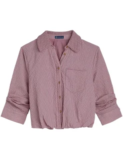 Tucked Sleeve Smocked Button Down Bubble Hem Splice Stripe Woven Shirt
