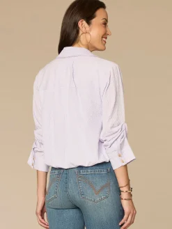 Tucked Sleeve Smocked Button Down Bubble Hem Splice Stripe Woven Shirt