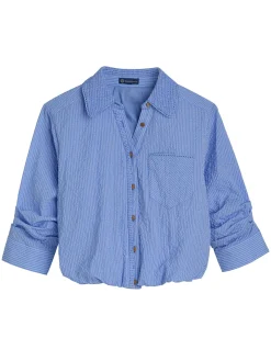 Tucked Sleeve Smocked Button Down Bubble Hem Splice Stripe Woven Shirt