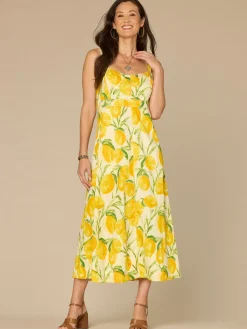 V-Neck Smocked Midi Lemon Printed Woven Tank Dress with Pockets