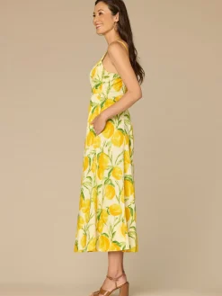 V-Neck Smocked Midi Lemon Printed Woven Tank Dress with Pockets