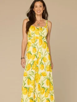 V-Neck Smocked Midi Lemon Printed Petite Woven Tank Dress with Pockets