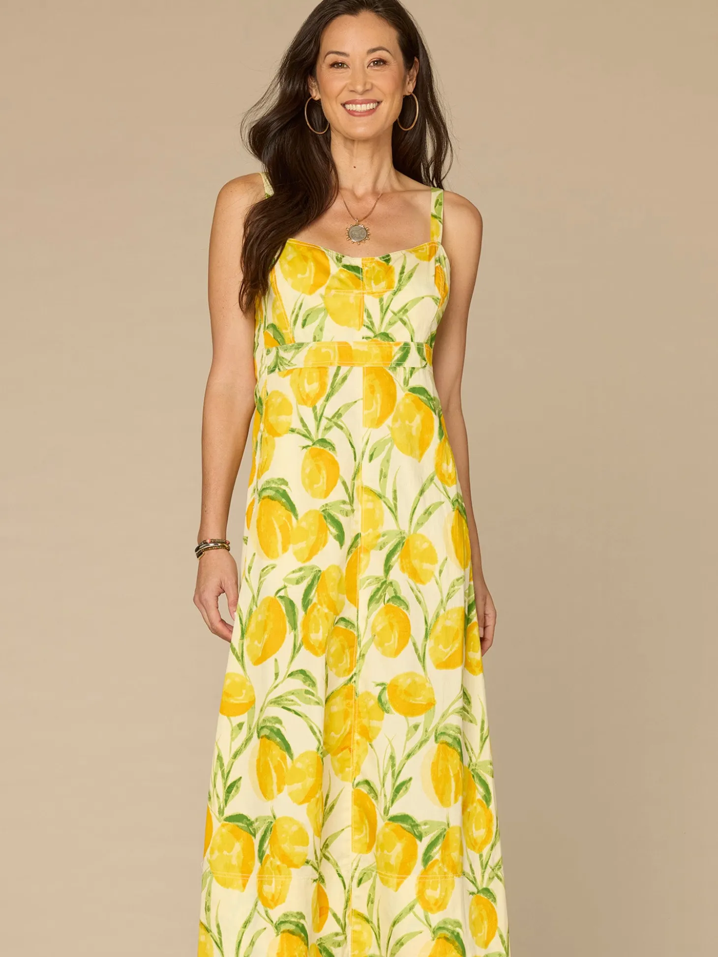 V-Neck Smocked Midi Lemon Printed Petite Woven Tank Dress with Pockets