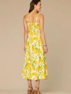 V-Neck Smocked Midi Lemon Printed Petite Woven Tank Dress with Pockets
