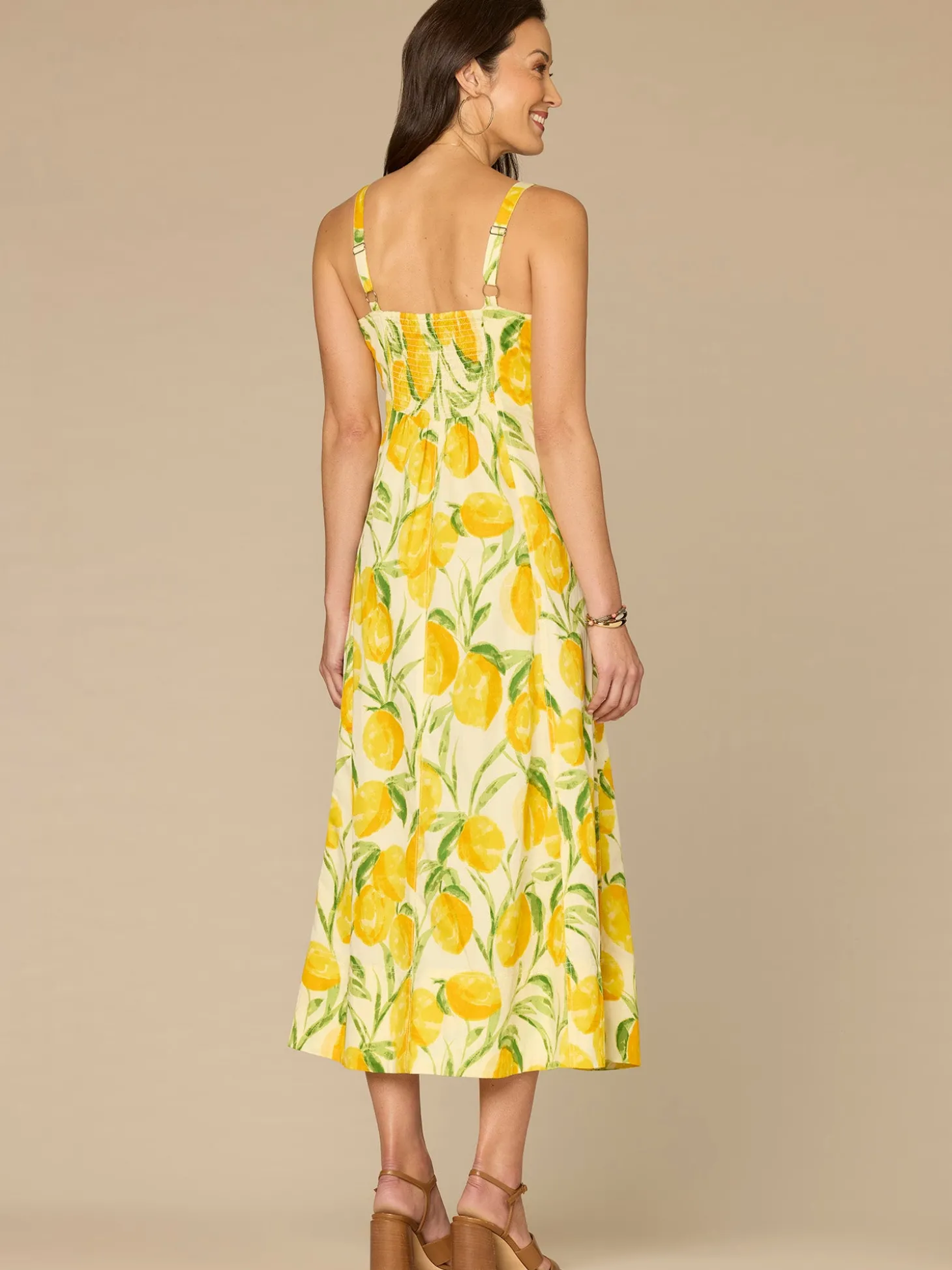 V-Neck Smocked Midi Lemon Printed Petite Woven Tank Dress with Pockets