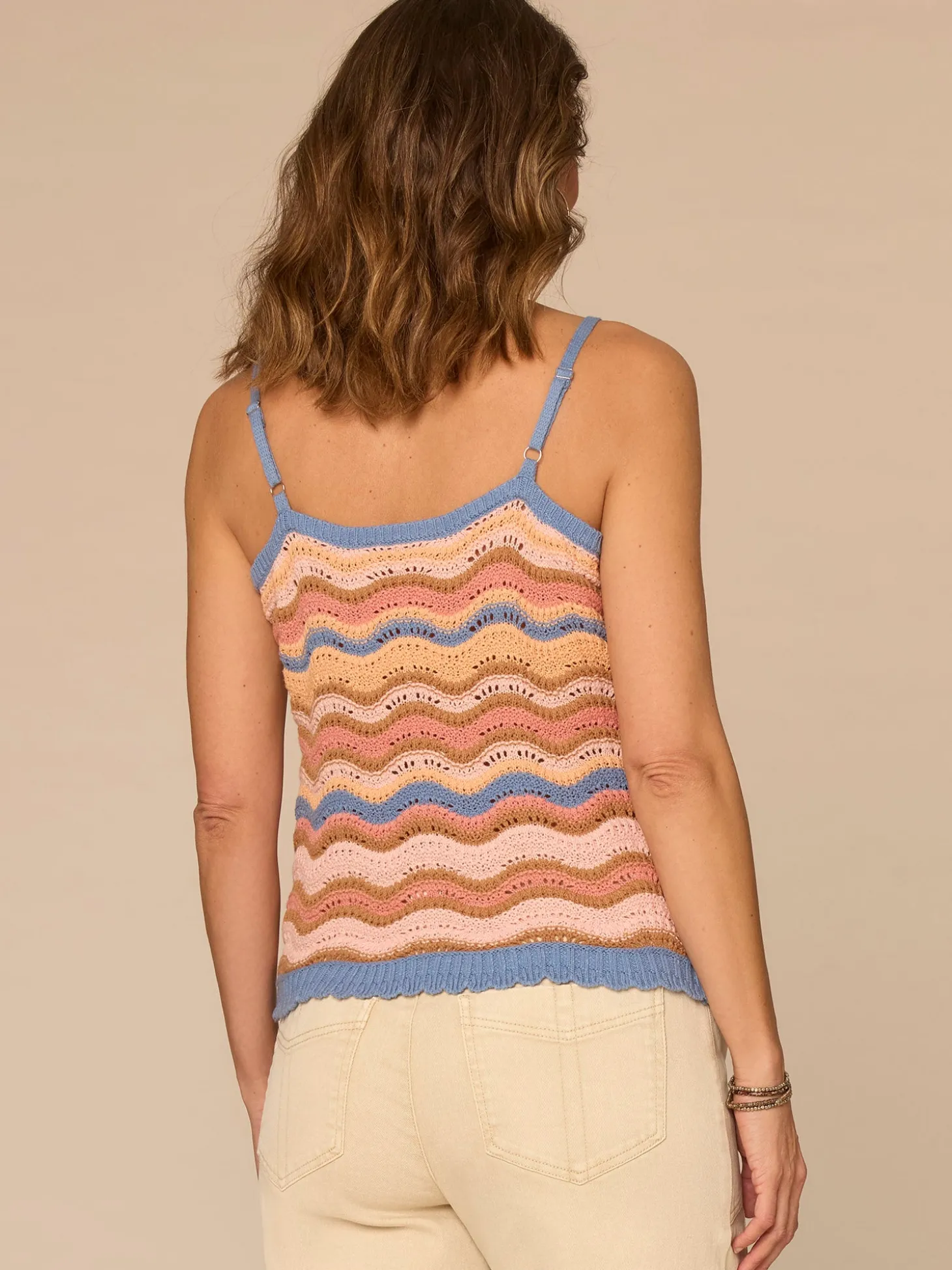 V-Neck Wavy Stripe Mix Stitch Scallop Trim Petite Sweater Tank Top