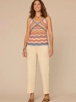 V-Neck Wavy Stripe Mix Stitch Scallop Trim Sweater Tank Top