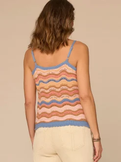 V-Neck Wavy Stripe Mix Stitch Scallop Trim Sweater Tank Top