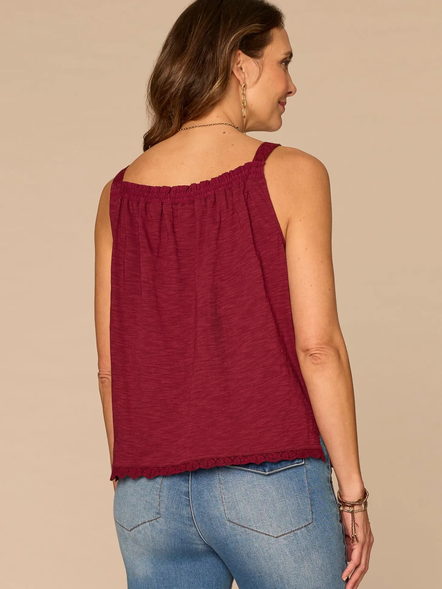 Wide Crochet Strap Ruched Square Neck Embroidered Woven Tank Top