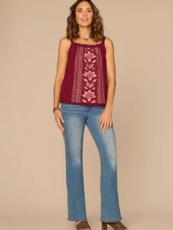 Wide Crochet Strap Ruched Square Neck Embroidered Woven Tank Top