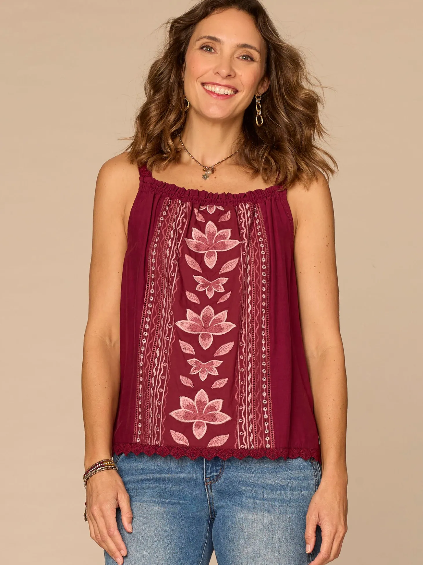 Wide Crochet Strap Ruched Square Neck Embroidered Woven Tank Top