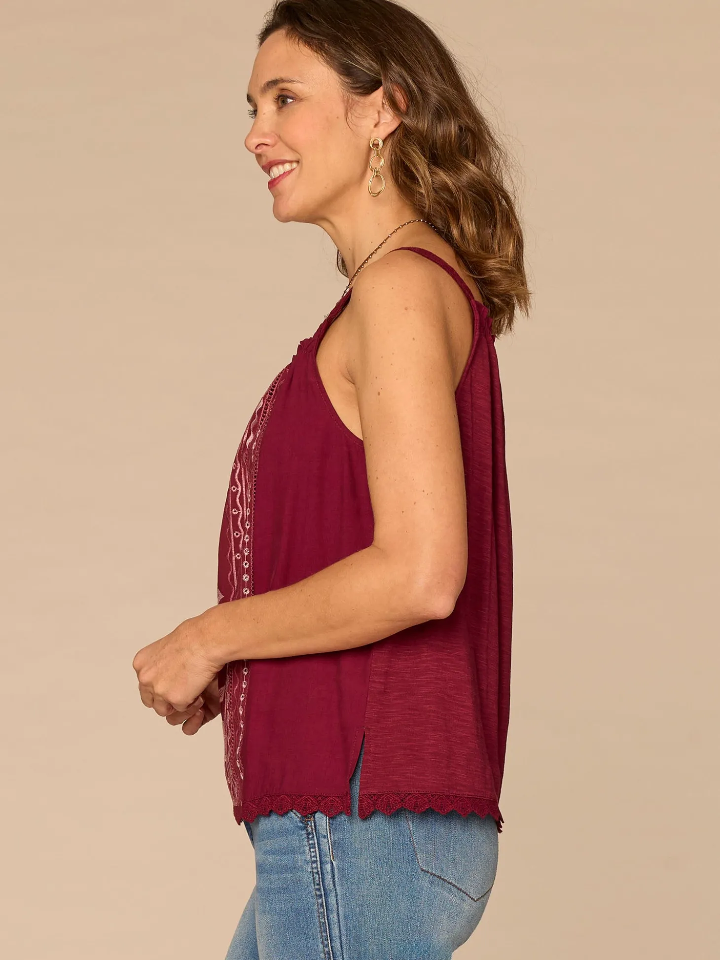 Wide Crochet Strap Ruched Square Neck Embroidered Woven Tank Top